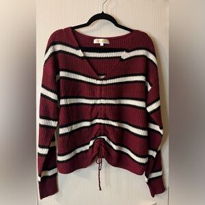 🛍️NWT Sugar Moom 1X Striped V-Neck Sweater - Burgundy and White